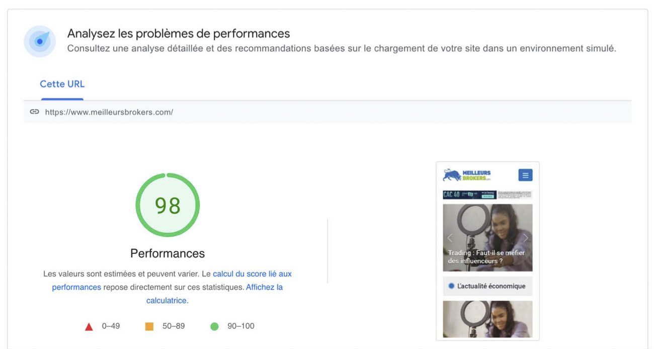 MeilleursBrokers.com a obtenu un score supérieur à 90 sur Google Site Speed.